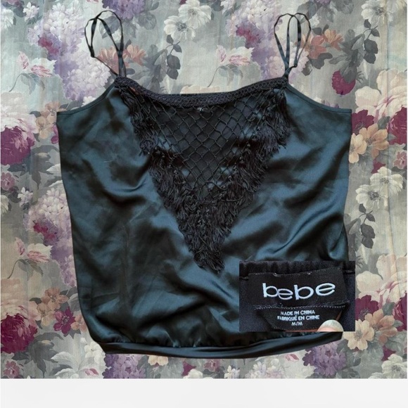 bebe Tops - bebe Black Satin Lace-Trim Slip Cami